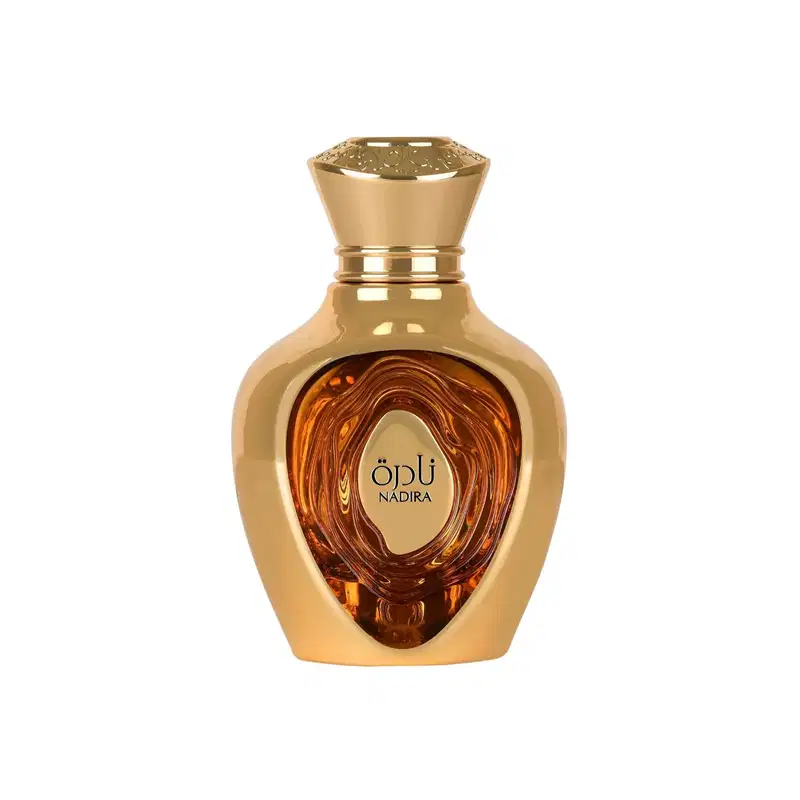 Frasco de item de perfumaria dourado com tampa decorativa. Recipiente de vidro com formato arredondado e brilhante. Rótulo com o nome "Öpü Nadira" em destaque. Embalagem com acabamento metálico e detalhes decorativos.