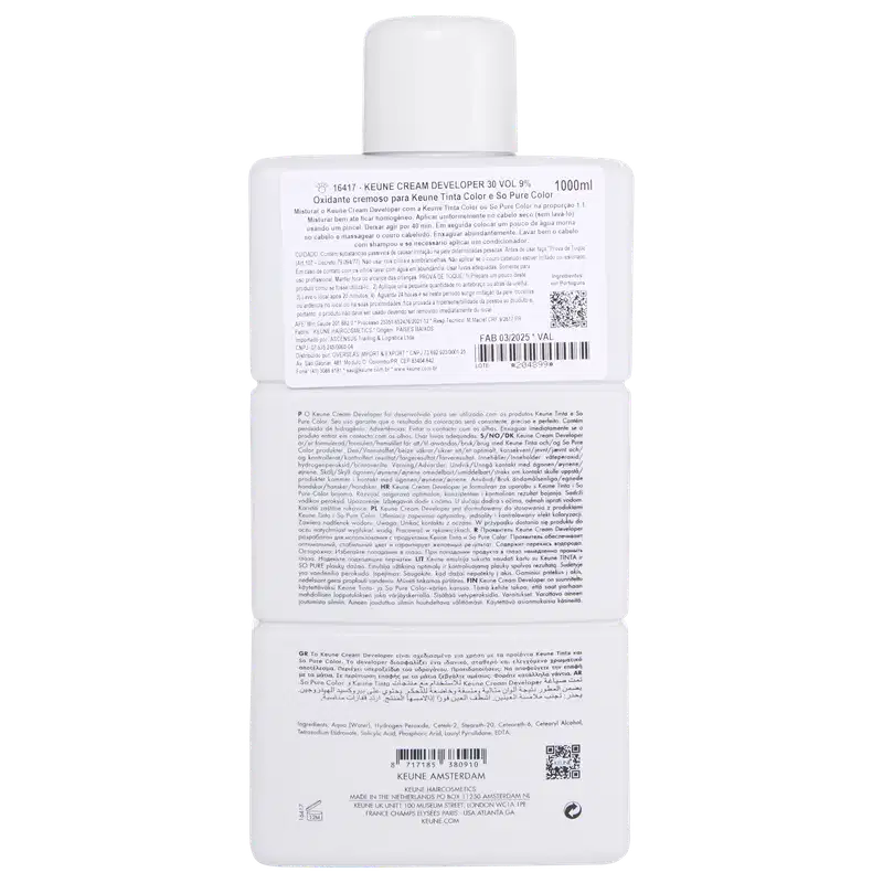 Frasco branco da marca Keune, contendo Cream Developer com 9% - 30 VOL. O rótulo apresenta o nome da marca e do produto em letras pretas.