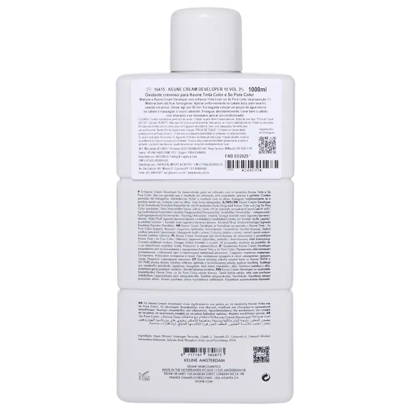 Frasco branco da marca Keune, contendo Cream Developer com 3% - 10 VOL. O rótulo apresenta o nome da marca e do produto em letras pretas.