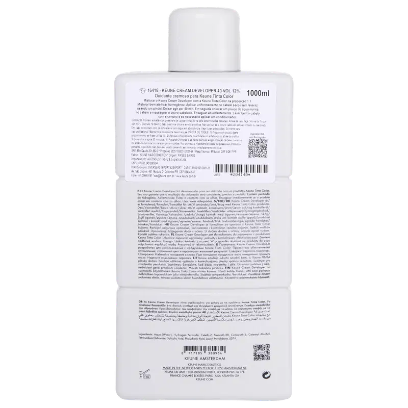 Frasco branco da marca Keune, contendo Cream Developer com 12% - 40 VOL. O rótulo apresenta o nome da marca e do produto em letras pretas.