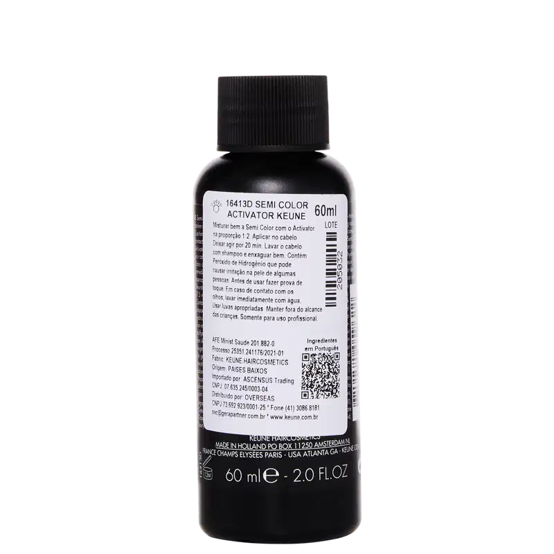 Frasco preto de 60 ml do Ativador de Cor Semi da Keune, com rótulo detalhado contendo informações sobre o produto e instruções de uso.