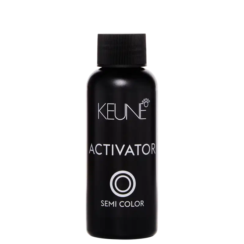Frasco preto da marca Keune contendo o produto "Activator" da linha Semi Color. O rótulo apresenta o nome da marca em branco e o nome do produto em destaque.