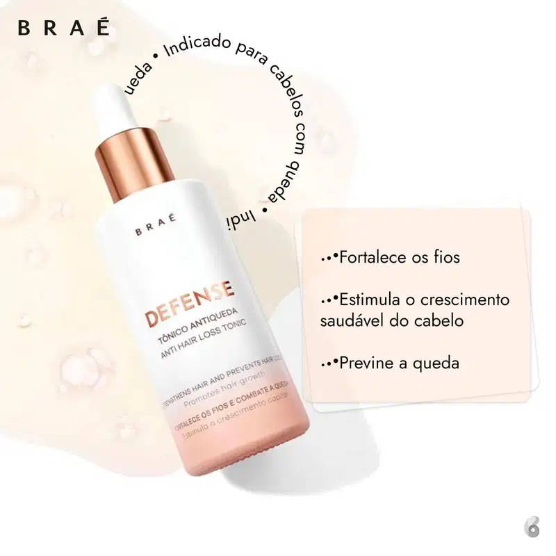 Um frasco de Tônico Antiqueda Defense da Braé, com rótulo branco e tampa cobre. O texto afirma fortalecer o cabelo, prevenir a queda capilar e promover o crescimento capilar.