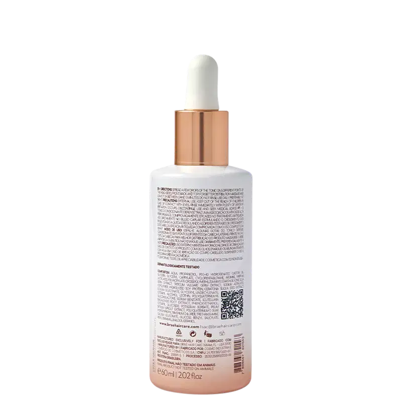 Um frasco de Tônico Antiqueda Defense da Braé, com rótulo branco e tampa cobre. O texto afirma fortalecer o cabelo, prevenir a queda capilar e promover o crescimento capilar.