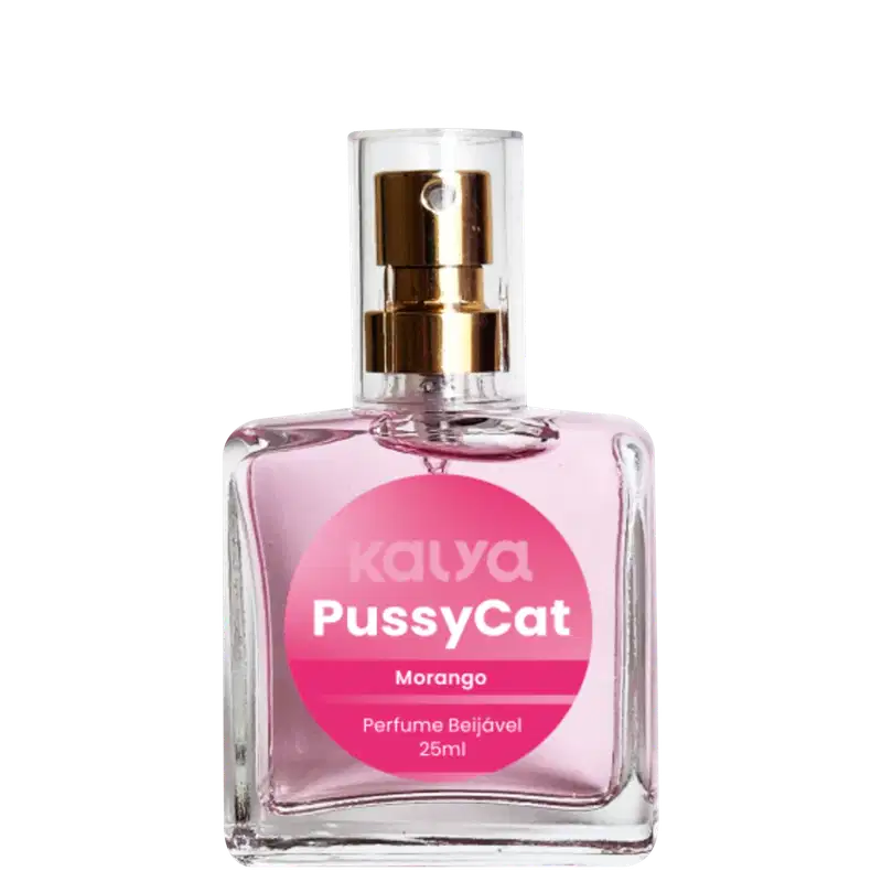 Frasco de perfume Kalya Pussycat, com embalagem de vidro transparente e rótulo rosa com texto em branco. O produto é um perfume Morango com volume de 25ml.