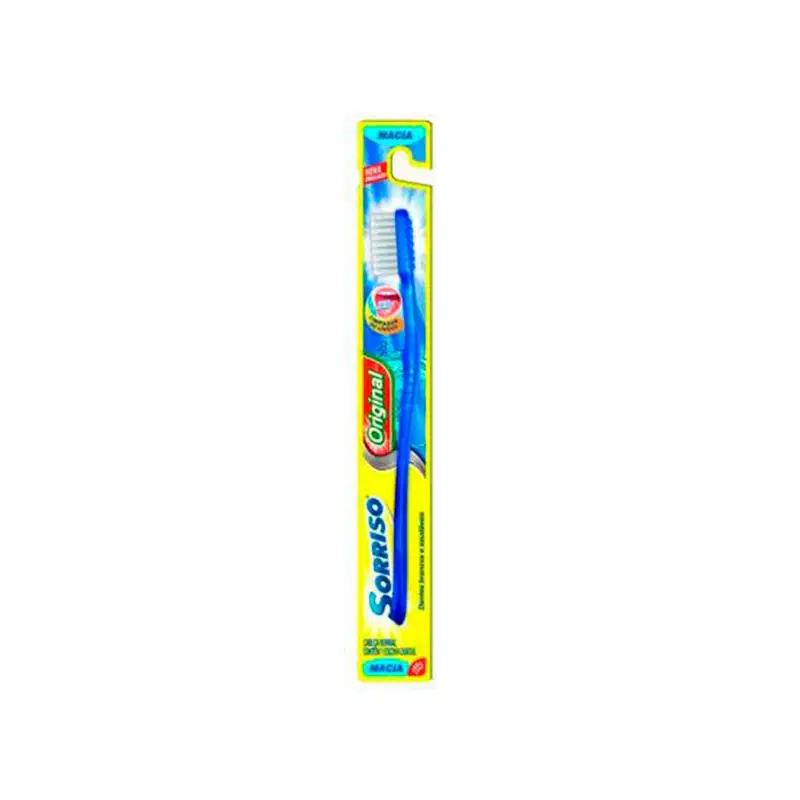 Escova dental Sorriso de cor azul e amarela, com texto "Sorriso" impresso no corpo da escova. O produto está embalado em uma caixa retangular amarela e azul.