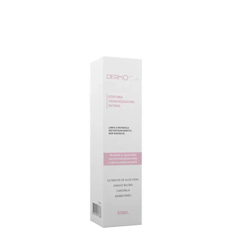 A imagem mostra a caixa da espuma higienizadora íntima da marca Dermosex. A embalagem é uma caixa branca com detalhes em rosa, contendo informações sobre o produto, como sua função de limpeza e refrescância instantânea, sem enxágue.