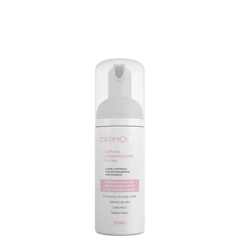 O produto apresentado é um frasco de espuma higienizadora íntima da marca Dermosex. O frasco é branco com detalhes em rosa, volume de 50ml.