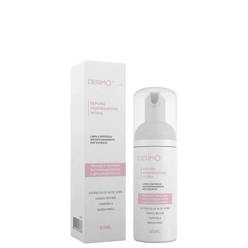 O produto apresentado é uma espuma higienizadora íntima da marca Dermosex. A embalagem é um frasco branco com um rótulo rosa, contendo 50ml do produto. Ao lado, a caixa do produto.