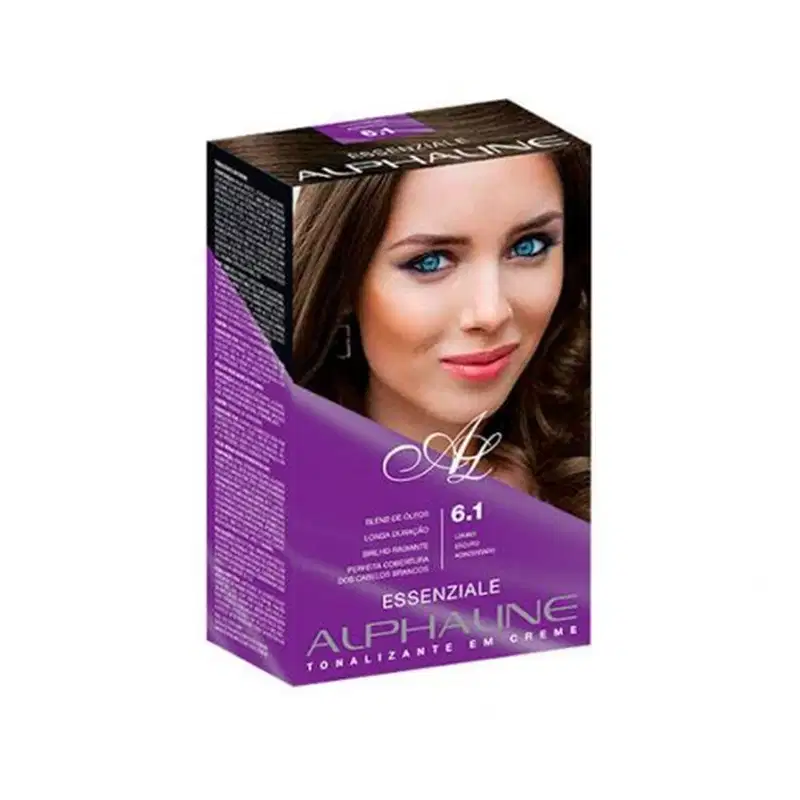 Caixa de tinta para cabelo Essenziale Alphaline, tonalizante em creme. A embalagem é uma caixa retangular de cor roxa escura com detalhes em branco. Há uma imagem de uma modelo com cabelo loiro escuro.