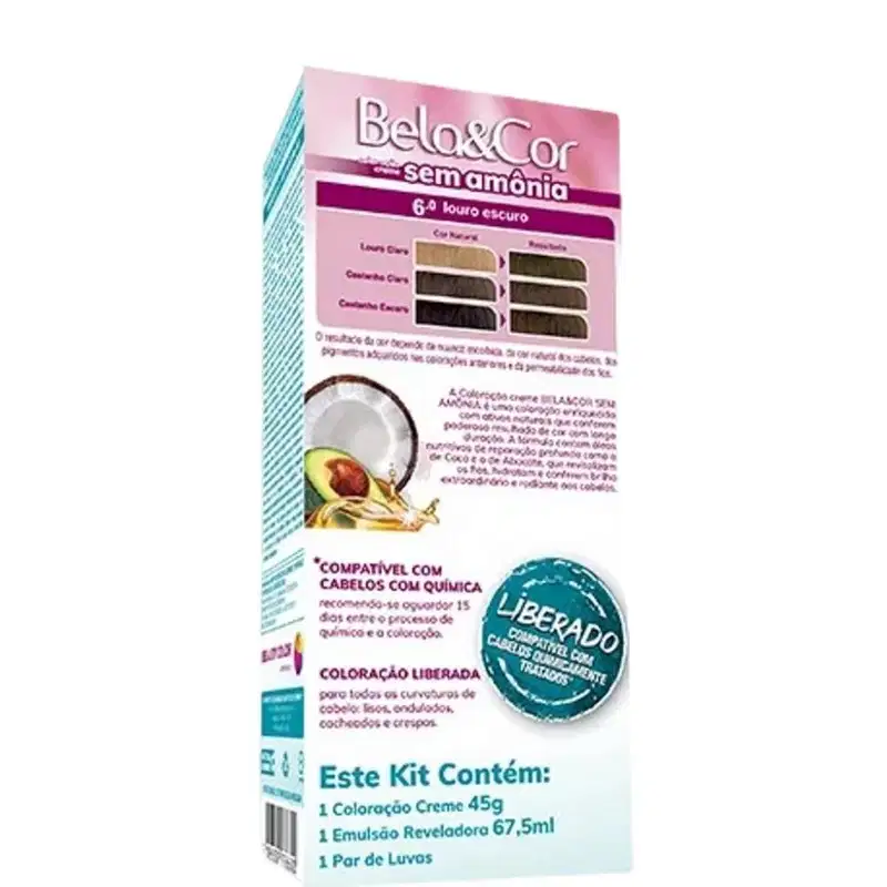 Coloração Beauty Color Kit Bela&Cor Sem Amônia 6.0 Louro Escuro
