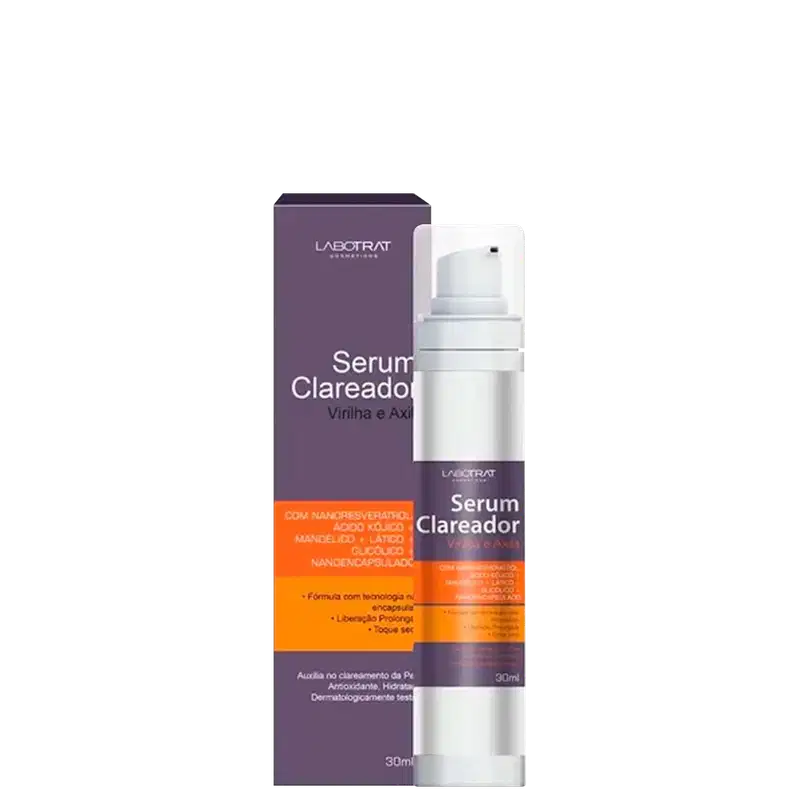 O produto apresentado é um Serum Clareador da marca Labotrat. A embalagem é um frasco branco com uma tampa e um rótulo roxo e laranja. Volume de 30ml.