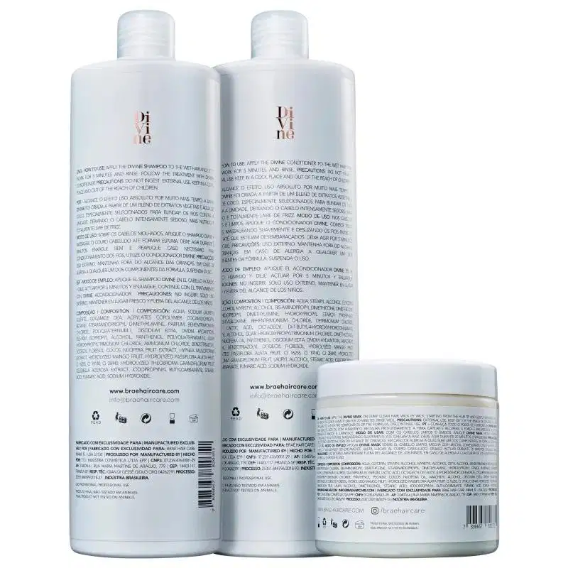 Este é o trio Braé Divine, ideal para cabelos lisos ou com alisamento. Contém shampoo e condicionador antifrizz para uso diário e uma máscara de tratamento profundo.