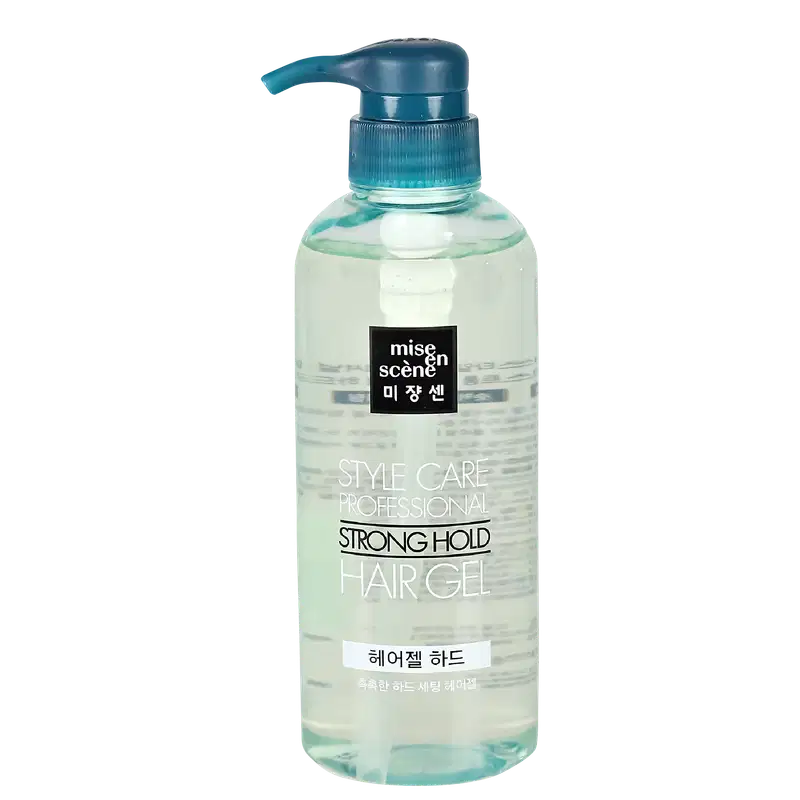 Frasco de gel para cabelo da marca Mise en Scène, com embalagem de plástico transparente e tampa azul. Rótulo preto com texto em inglês e coreano indicando "Style Care Professional Strong Hold Hair Gel".