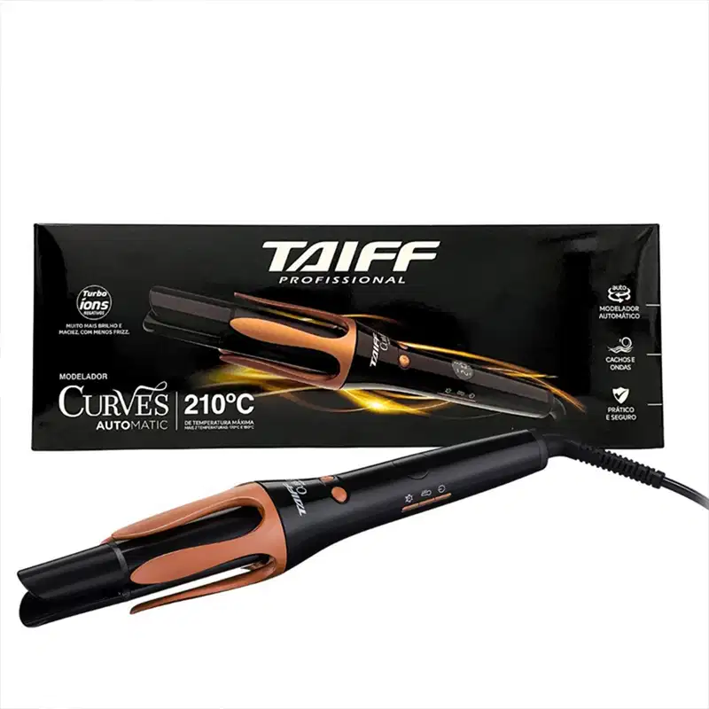Modelador de cabelos da marca Taiff, chamado "Curves Automatic". A embalagem é preta e laranja, com o logo da marca e informações sobre as características do produto.