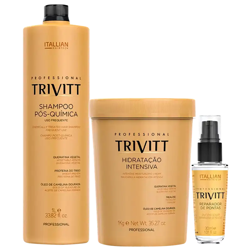 Um shampoo pós-química de 1L, uma máscara capilar de 1kg e um reparador de pontas com 30ml.