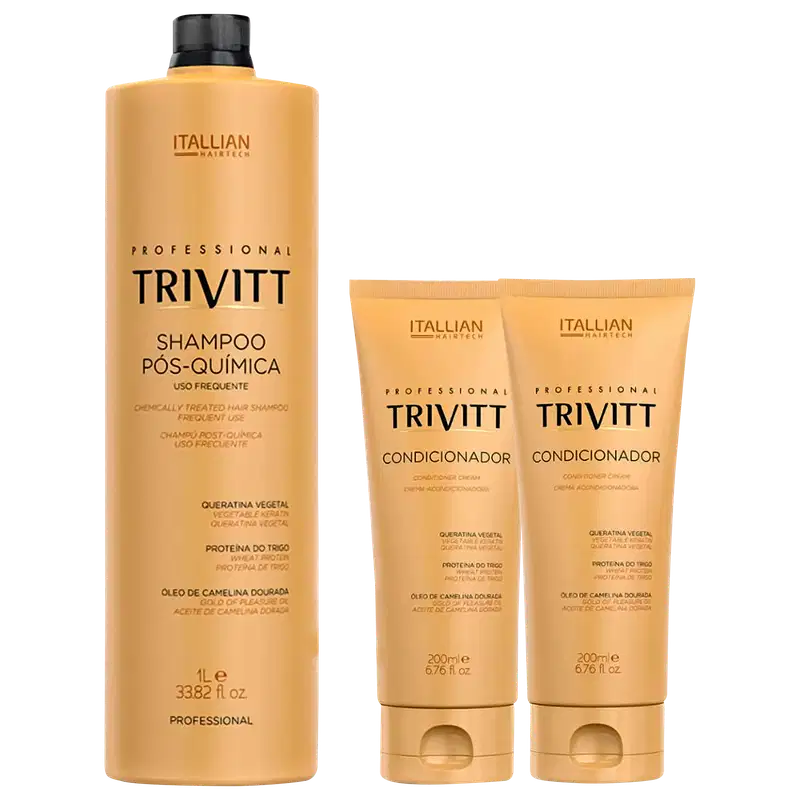 Um shampoo pós-química e dois condicionadores. O shampoo vem em uma embalagem de 1 litro, enquanto os condicionadores estão em embalagens de 200ml.