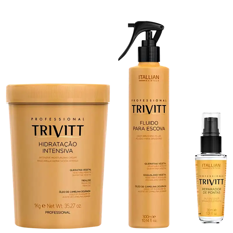 Máscara capilar hidratante de 1kg, fluido protetor térmico de 300ml e reparador de pontas 30ml
