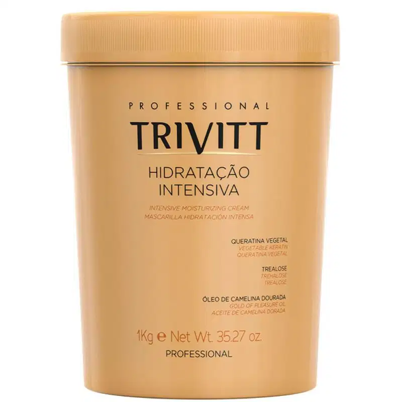 Máscara de tratamento capilar intensivo hidratante da marca Trivitt Professional.  Rótulo com o nome do produto "Hidratação Intensiva". Peso líquido de 1kg.