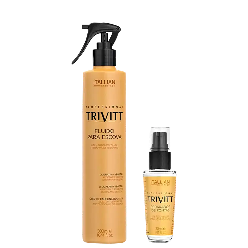 Um frasco spray de 300ml contendo um fluido para escova, e um frasco de 30ml contendo um reparador de pontas.