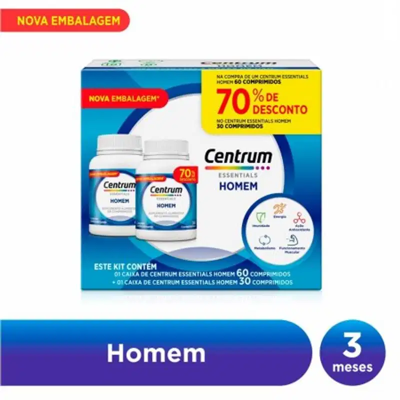 Kit Polivitamínico Centrum Essentials Homem de a a Zinco 60 + 30 Comprimidos