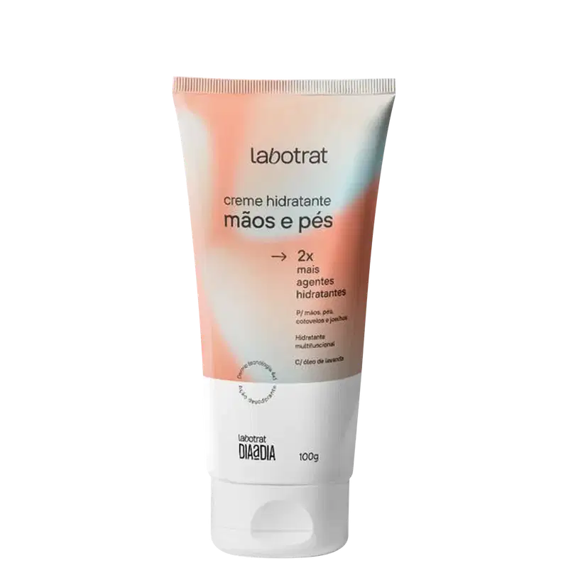 O produto apresentado é um creme hidratante para mãos e pés da marca Labotrat. A embalagem é um tubo branco e rosa, com o nome da marca e do produto claramente visíveis. Volume de 100g.
