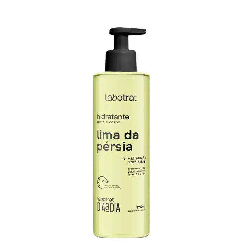 O produto apresentado é um hidratante corporal da marca Labotrat, com o nome "lima da pérsia" impresso no rótulo. A embalagem é um frasco plástico com um dispensador na parte superior, de cor predominantemente amarela.