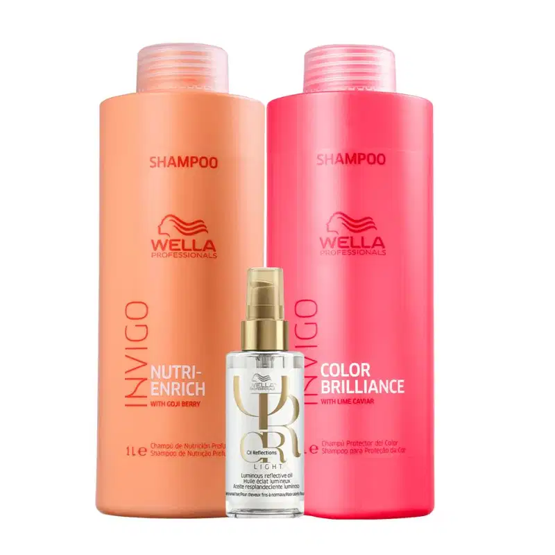 Kit com shampoo Nutri-Enrich, shampoo Color Brilliance e óleo capilar Oil Reflections, da marca Wella Professionals.