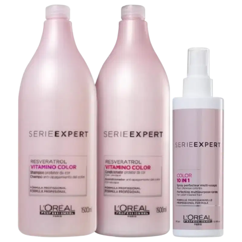 A imagem apresenta três produtos da L’Oréal Professionnel: dois frascos (500ml) rosa claro, e um spray branco e rosa, para cabelos coloridos.