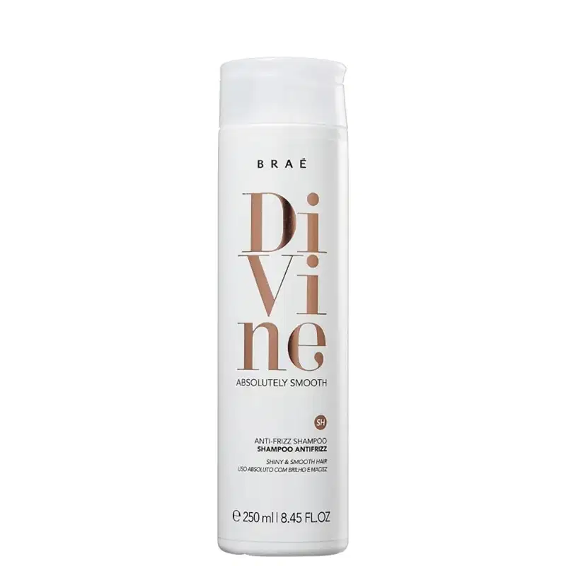 Shampoo antifrizz da linha Divine da Braé. Embalagem plástica branca cilíndrica de 250ml.