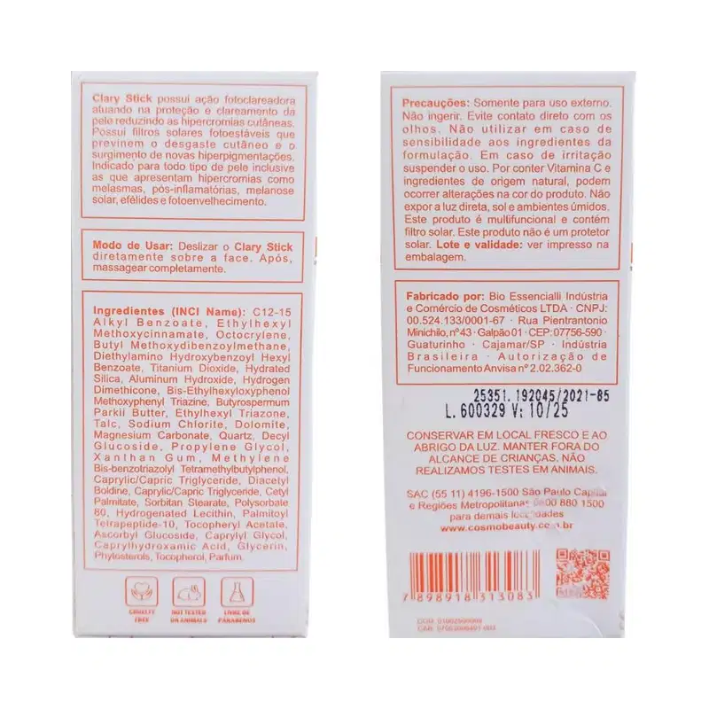 Cosmobeauty Clary Stick Toque Seco Clareador FPS85 - Protetor Solar 18g
