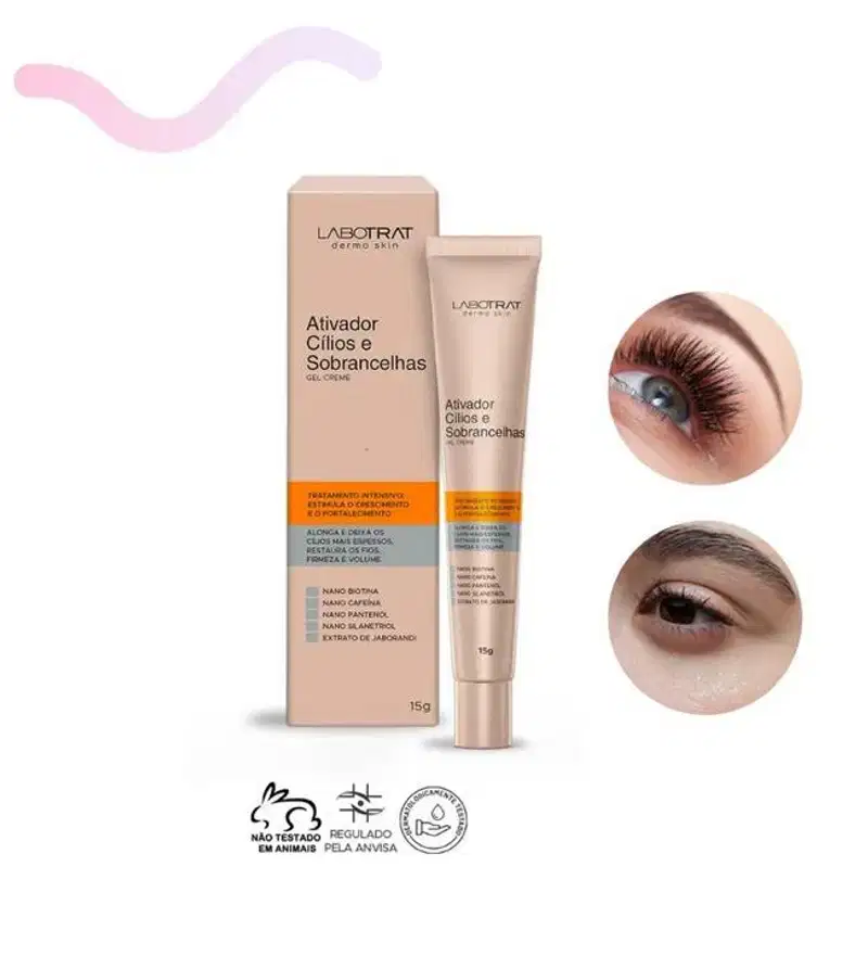 O produto apresentado é um gel creme da marca Labotrat, chamado "Ativador Cílios e Sobrancelhas". A embalagem consiste em um tubo de cor bege e uma caixa de papelão também na cor bege. Volume de 15g.