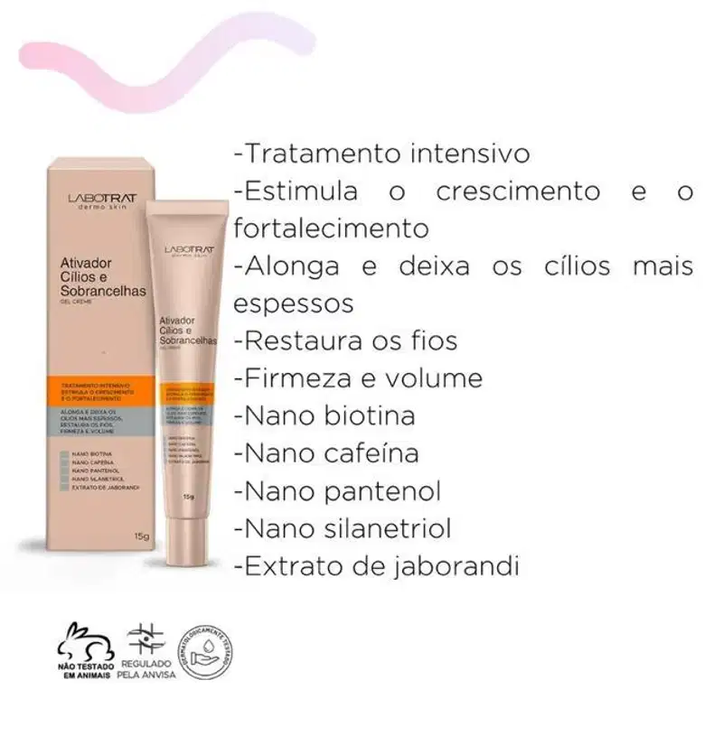 O produto apresentado é um gel creme da marca Labotrat, chamado "Ativador Cílios e Sobrancelhas". A embalagem consiste em um tubo de cor bege e uma caixa de papelão também na cor bege. Volume de 15g.