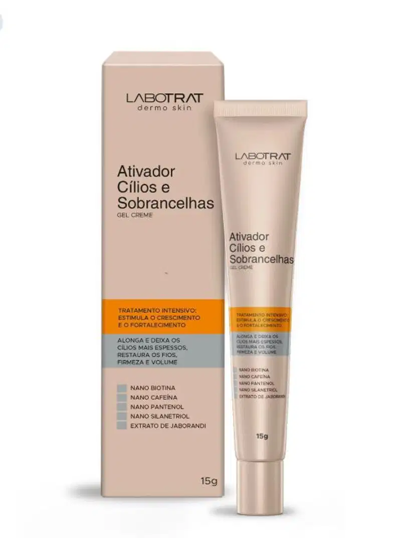 O produto apresentado é um gel creme da marca Labotrat, chamado "Ativador Cílios e Sobrancelhas". A embalagem consiste em um tubo de cor bege e uma caixa de papelão também na cor bege. Volume de 15g.