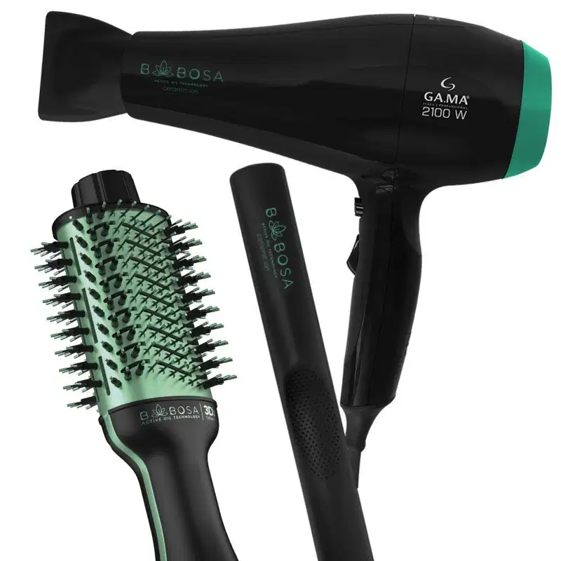 Imagem de um secador de cabelo, escova e chapinha, de cor preta e verde.