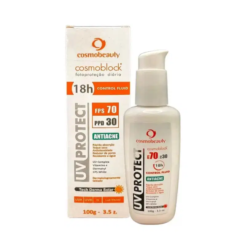 Protetor solar Cosmobeauty, chamado Cosmoblock. Trata-se de um controle fluido com FPS 70 e PPD 30, indicado para uso diário e com propriedades antiacne.