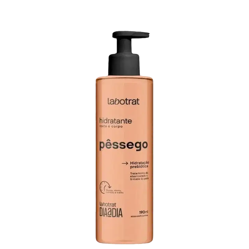 O produto mostrado na imagem é um hidratante corporal da marca Labotrat, com o nome "Pêssego" impresso no rótulo. A embalagem é um frasco plástico com um dispensador na parte superior, de cor laranja clara.