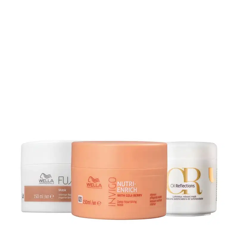 No centro, há uma máscara nutritiva Nutri-Enrich Deep Nourishing Mask with Goji Berry" de 150ml. À esquerda, um pote de 150ml da linha Fusion com uma máscara capilar À direita, uma máscara da linha Oil Reflections com 150ml.