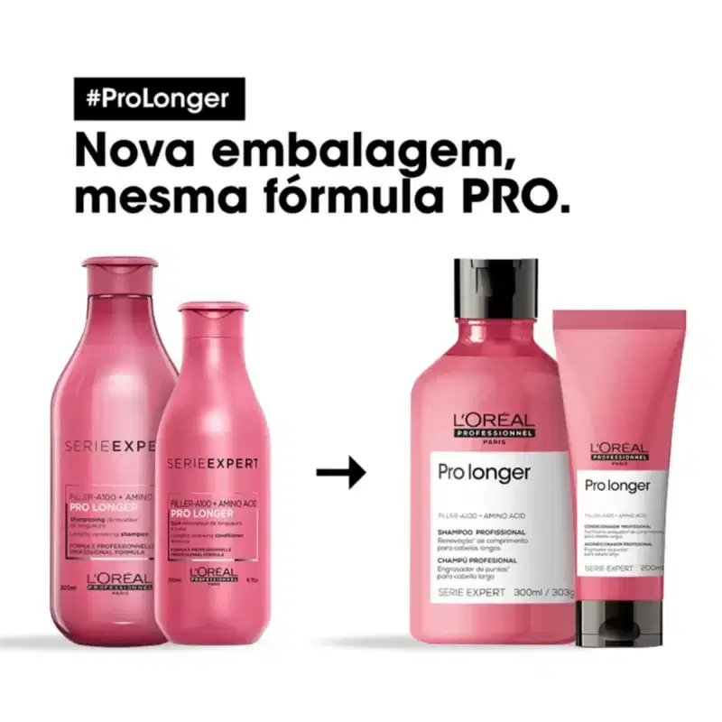 A imagem mostra na esquerda a embalagem de shampoo e condicionador antiga e, na direita, as embalagens novas.