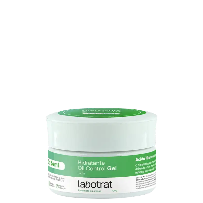 O produto apresentado é um gel hidratante Oil Control da marca Labotrat. A embalagem é um pote branco com tampa verde, contendo 100g do produto.