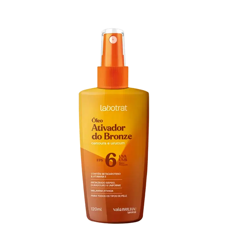 O produto mostrado é um óleo ativador do bronze da marca Labotrat. A embalagem é um frasco de plástico de cor amarela e laranja, com um rótulo que indica o nome do produto "Óleo Ativador do Bronze" e algumas informações sobre seus benefícios.