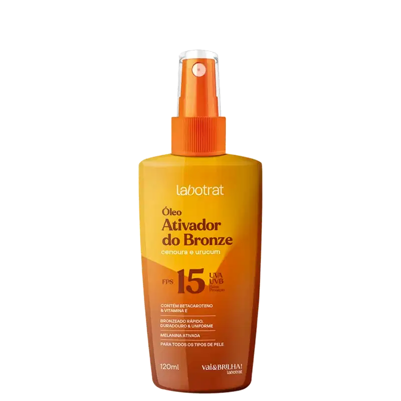 O produto apresentado é um óleo ativador do bronze da marca Labotrat. O frasco é de cor amarela e laranja, com um rótulo que indica o nome do produto "Óleo Ativador do Bronze" e algumas de suas características, como proteção UVA e UVB.
