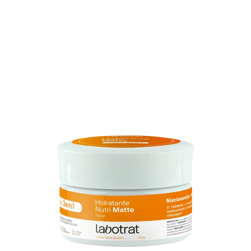 O produto apresentado é um hidratante facial da marca Labotrat, com o nome "Hidratante Nutri Matte" impresso no rótulo. A embalagem é um pote branco com tampa laranja, contendo 100g do produto.