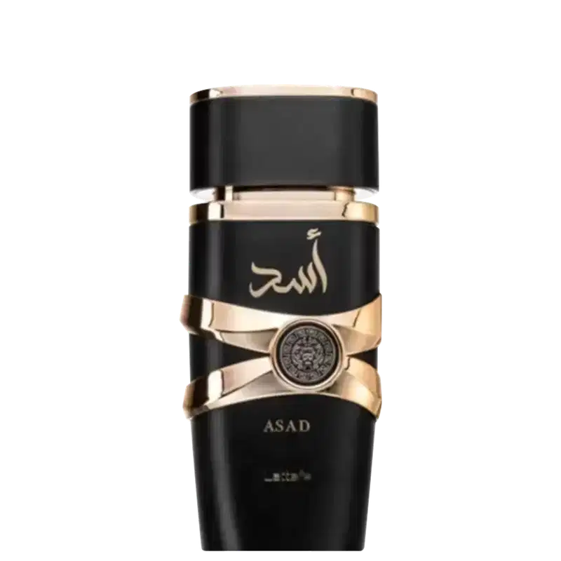 Frasco de perfume preto e dourado da marca Lattafa Perfumes, com o nome "Asad" em árabe e um selo dourado no centro. O design é elegante e minimalista, com detalhes dourados que realçam a embalagem.