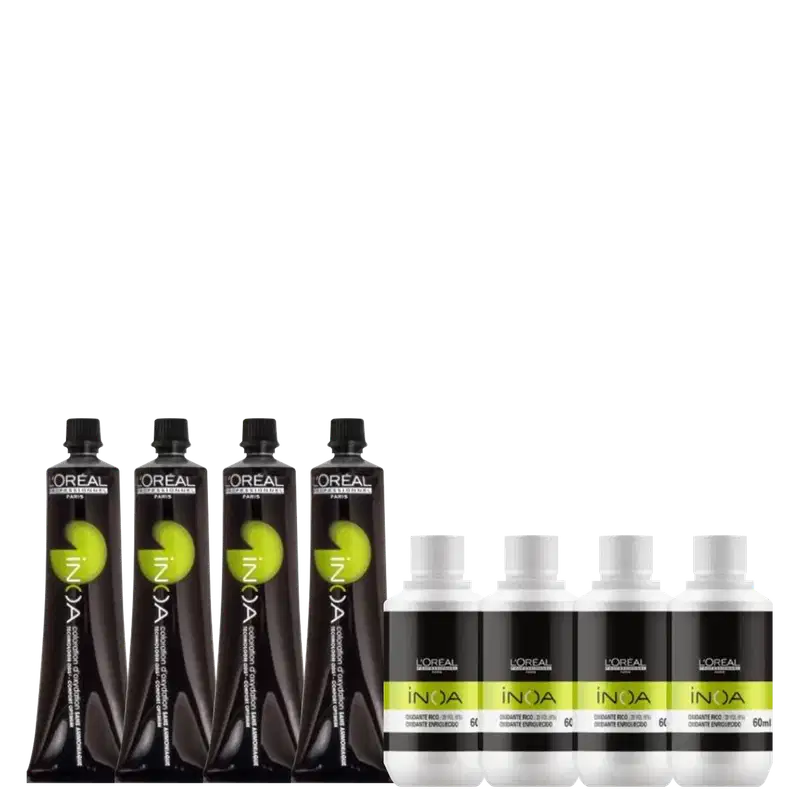 A imagem mostra 4 oxidantes inoa 60ml e 4 tubos de coloração permanente inoa.