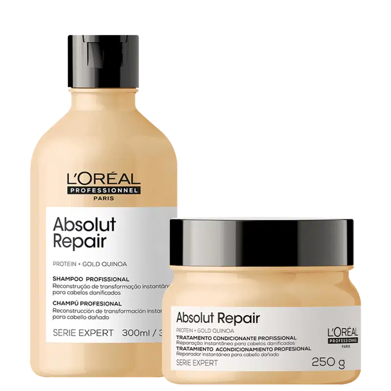 Imagem mostra um shampoo e uma máscara da linha Absolut Repair da L'Oréal Professionnel. O shampoo vem em um frasco plástico e a máscara em um pote bege com tampa preta. Ambos os produtos são amarelo claro.