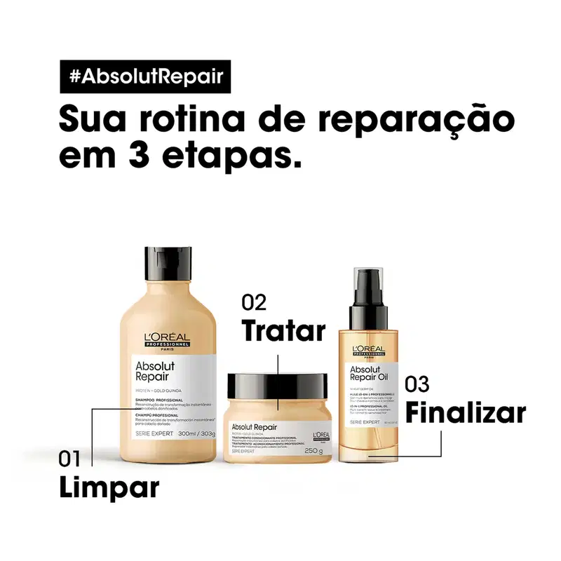 A imagem mostra os três produtos e texto destaca: 01 limpar. 02 Tratar e 03 Finalizar. Texto destaca: sua rotina de reparação em 3 etapas.