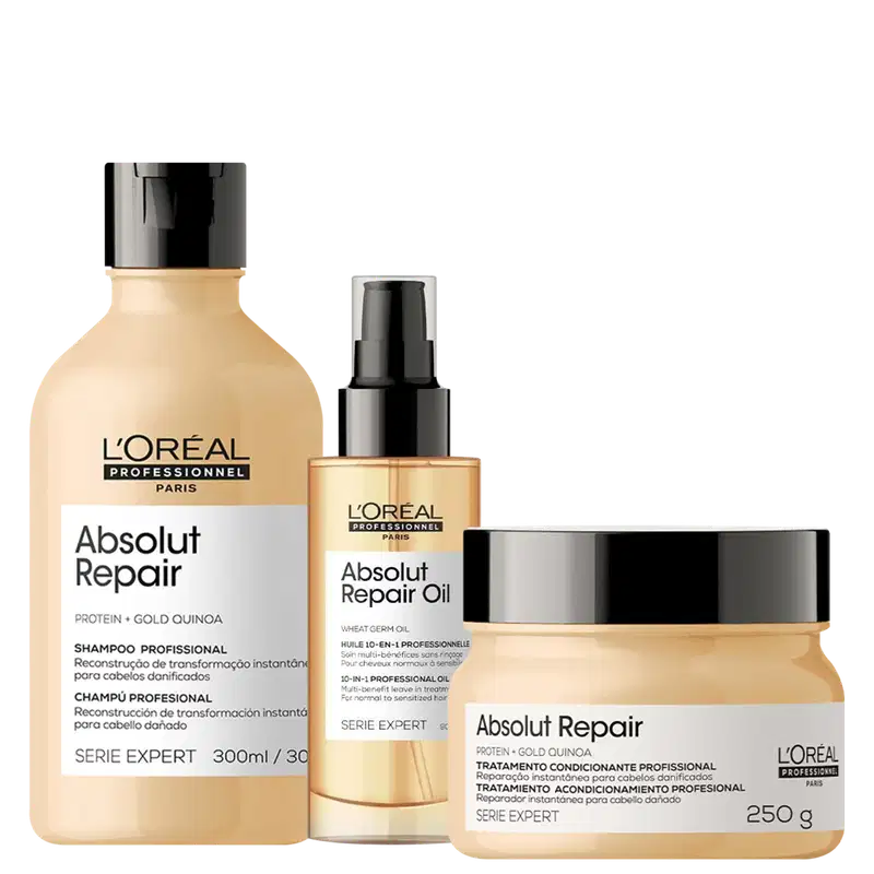 A imagem mostra 3 produtos da linha Absolut Repair da L'Oréal. O primeiro é um shampoo em uma embalagem plástica bege de 300ml. O segundo é um óleo em um frasco plástico bege com aplicador spray. O terceiro é um máscara em um pote plástico bege de 250g.