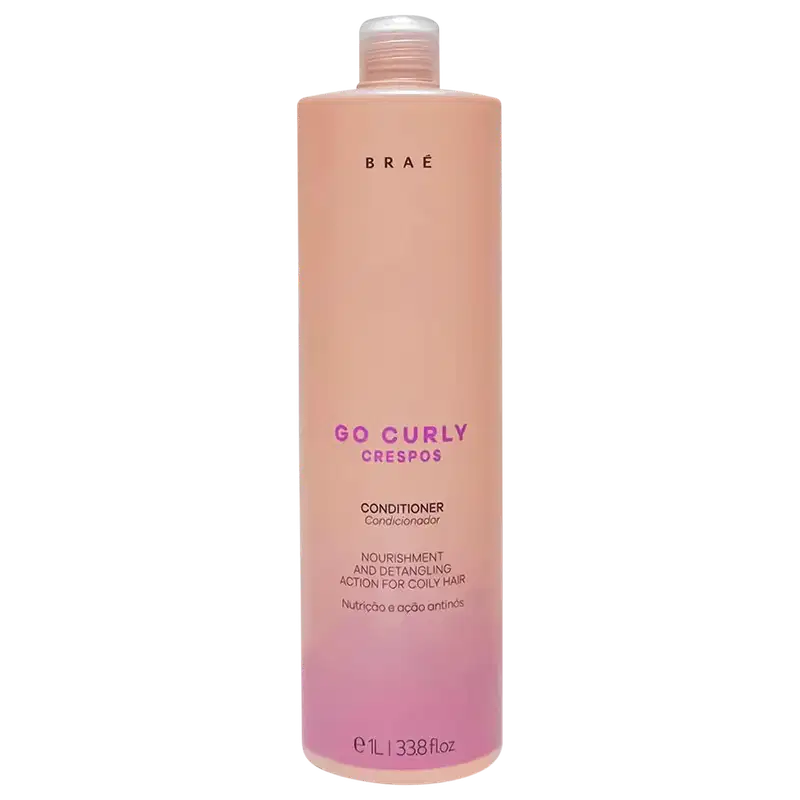 Condicionador Go Curly Crespos da marca Braé. Embalagem plástica cilíndrica na cor rosa claro.