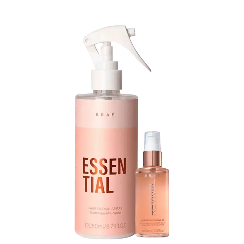 Este é um conjunto de dois produtos para o cabelo da Braé Hair Care. Inclui um spray de reparação capilar e um óleo de brilho para cabelos danificados.